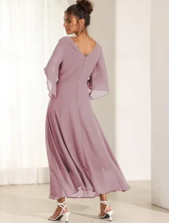 Women's Wedding Guest Cocktail Dress Chiffon Plain Ruffle Twisted Elegant Summer Maxi Dress V Neck Flared 3/4 Length Sleeve