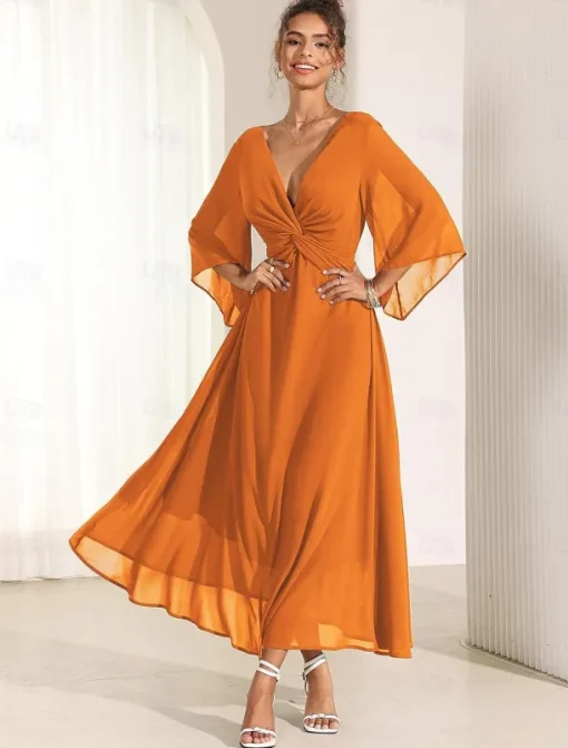 Women's Wedding Guest Cocktail Dress Chiffon Plain Ruffle Twisted Elegant Summer Maxi Dress V Neck Flared 3/4 Length Sleeve