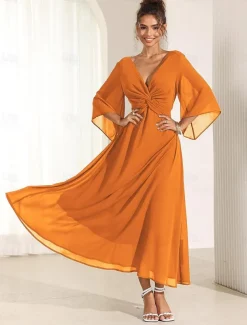 Women's Wedding Guest Cocktail Dress Chiffon Plain Ruffle Twisted Elegant Summer Maxi Dress V Neck Flared 3/4 Length Sleeve