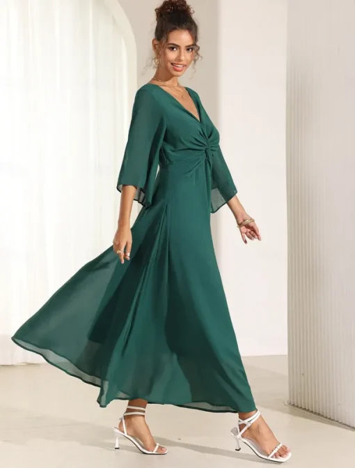 Women's Wedding Guest Cocktail Dress Chiffon Plain Ruffle Twisted Elegant Summer Maxi Dress V Neck Flared 3/4 Length Sleeve