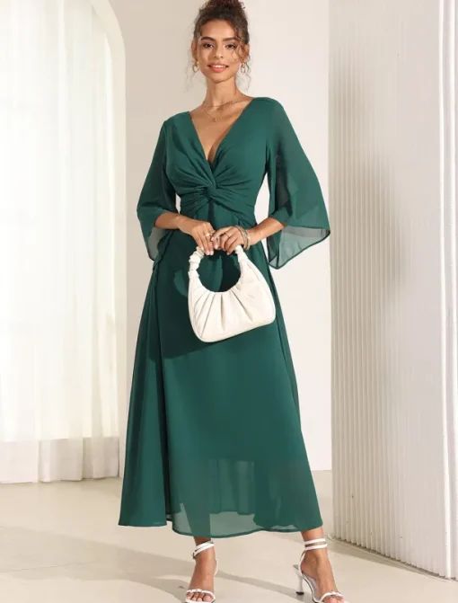 Women's Wedding Guest Cocktail Dress Chiffon Plain Ruffle Twisted Elegant Summer Maxi Dress V Neck Flared 3/4 Length Sleeve