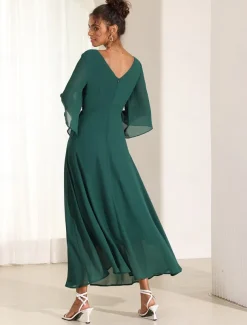 Women's Wedding Guest Cocktail Dress Chiffon Plain Ruffle Twisted Elegant Summer Maxi Dress V Neck Flared 3/4 Length Sleeve