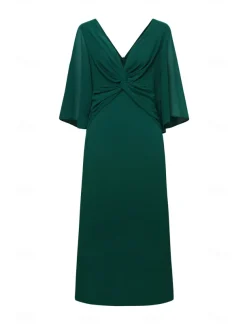 Women's Wedding Guest Cocktail Dress Chiffon Plain Ruffle Twisted Elegant Summer Maxi Dress V Neck Flared 3/4 Length Sleeve
