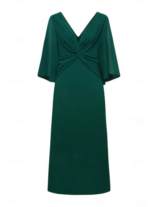 Women's Wedding Guest Cocktail Dress Chiffon Plain Ruffle Twisted Elegant Summer Maxi Dress V Neck Flared 3/4 Length Sleeve