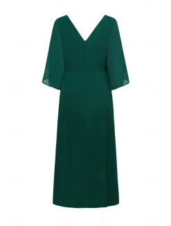Women's Wedding Guest Cocktail Dress Chiffon Plain Ruffle Twisted Elegant Summer Maxi Dress V Neck Flared 3/4 Length Sleeve