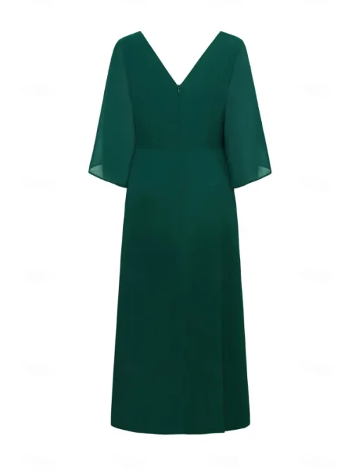 Women's Wedding Guest Cocktail Dress Chiffon Plain Ruffle Twisted Elegant Summer Maxi Dress V Neck Flared 3/4 Length Sleeve