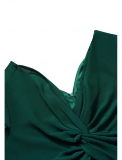Women's Wedding Guest Cocktail Dress Chiffon Plain Ruffle Twisted Elegant Summer Maxi Dress V Neck Flared 3/4 Length Sleeve