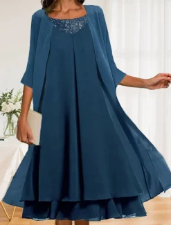 Women's Wedding Guest Cocktail Dress Chiffon Fashion Layered Casual Elegant Two Piece Dress Set Midi Fall Winter Dress Crew Neck 3/4 Length Sleeve Plain Navy Blue