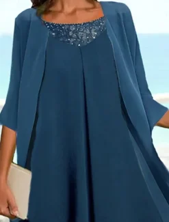 Women's Wedding Guest Cocktail Dress Chiffon Fashion Layered Casual Elegant Two Piece Dress Set Midi Fall Winter Dress Crew Neck 3/4 Length Sleeve Plain Navy Blue