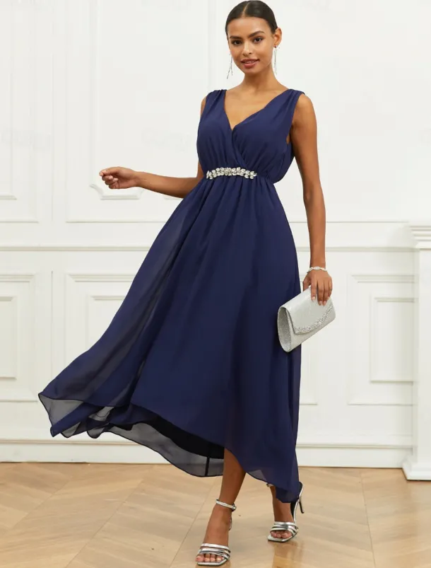 Women's Wedding Guest Cocktail Dress A Line Maxi Chiffon Ruched Tiered Elegant V Neck Sleeveless dress Navy Blue Color