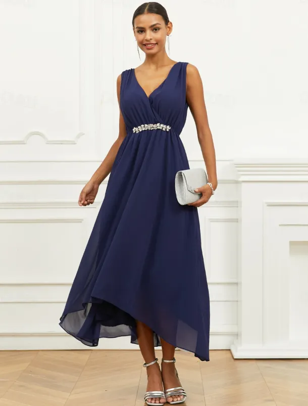 Women's Wedding Guest Cocktail Dress A Line Maxi Chiffon Ruched Tiered Elegant V Neck Sleeveless dress Navy Blue Color