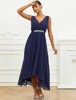 Women's Wedding Guest Cocktail Dress A Line Maxi Chiffon Ruched Tiered Elegant V Neck Sleeveless dress Navy Blue Color