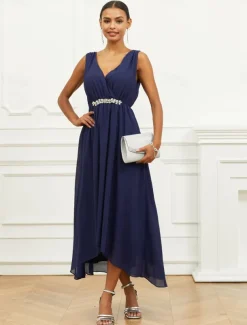 Women's Wedding Guest Cocktail Dress A Line Maxi Chiffon Ruched Tiered Elegant V Neck Sleeveless dress Navy Blue Color