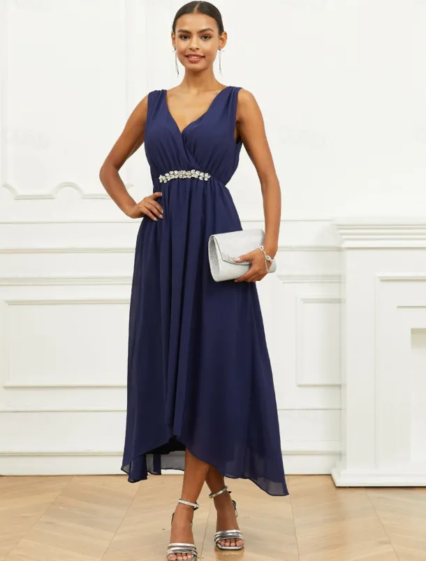 Women's Wedding Guest Cocktail Dress A Line Maxi Chiffon Ruched Tiered Elegant V Neck Sleeveless dress Navy Blue Color