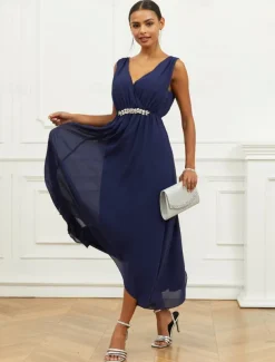 Women's Wedding Guest Cocktail Dress A Line Maxi Chiffon Ruched Tiered Elegant V Neck Sleeveless dress Navy Blue Color