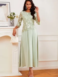 Women's Wedding Guest Cocktail Dress Maxi Dress Contrast Lace Party Elegant Formal V Neck Light Green Color