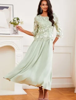 Women's Wedding Guest Cocktail Dress Maxi Dress Contrast Lace Party Elegant Formal V Neck Light Green Color