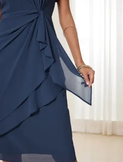 Women's Wedding Guest Cocktail Dress Chiffon Twisted Knot Elegant Formal Layered Midi Dress Crew Neck Short Sleeve Butterfly Sleeve Dark Blue Color