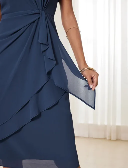 Women's Wedding Guest Cocktail Dress Chiffon Twisted Knot Elegant Formal Layered Midi Dress Crew Neck Short Sleeve Butterfly Sleeve Dark Blue Color