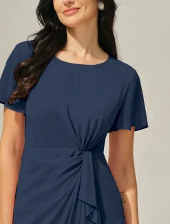 Women's Wedding Guest Cocktail Dress Chiffon Twisted Knot Elegant Formal Layered Midi Dress Crew Neck Short Sleeve Butterfly Sleeve Dark Blue Color