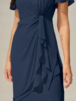 Women's Wedding Guest Cocktail Dress Chiffon Twisted Knot Elegant Formal Layered Midi Dress Crew Neck Short Sleeve Butterfly Sleeve Dark Blue Color