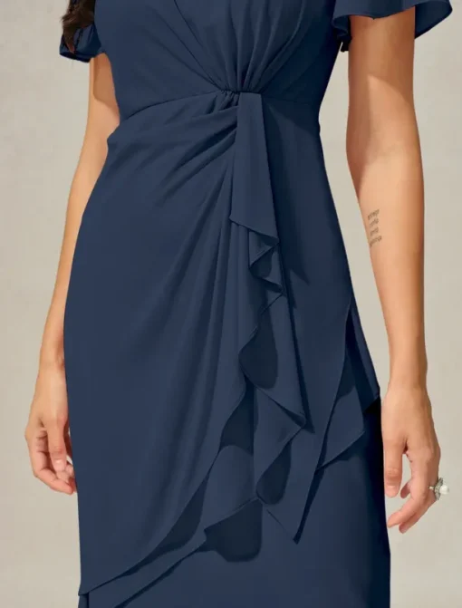 Women's Wedding Guest Cocktail Dress Chiffon Twisted Knot Elegant Formal Layered Midi Dress Crew Neck Short Sleeve Butterfly Sleeve Dark Blue Color