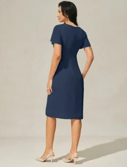 Women's Wedding Guest Cocktail Dress Chiffon Twisted Knot Elegant Formal Layered Midi Dress Crew Neck Short Sleeve Butterfly Sleeve Dark Blue Color