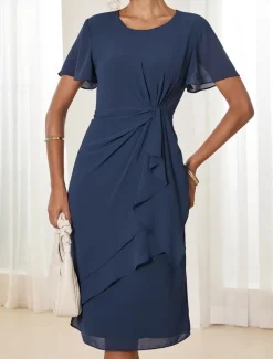 Women's Wedding Guest Cocktail Dress Chiffon Twisted Knot Elegant Formal Layered Midi Dress Crew Neck Short Sleeve Butterfly Sleeve Dark Blue Color