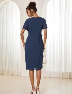 Women's Wedding Guest Cocktail Dress Chiffon Twisted Knot Elegant Formal Layered Midi Dress Crew Neck Short Sleeve Butterfly Sleeve Dark Blue Color