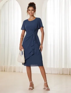 Women's Wedding Guest Cocktail Dress Chiffon Twisted Knot Elegant Formal Layered Midi Dress Crew Neck Short Sleeve Butterfly Sleeve Dark Blue Color
