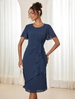 Women's Wedding Guest Cocktail Dress Chiffon Twisted Knot Elegant Formal Layered Midi Dress Crew Neck Short Sleeve Butterfly Sleeve Dark Blue Color