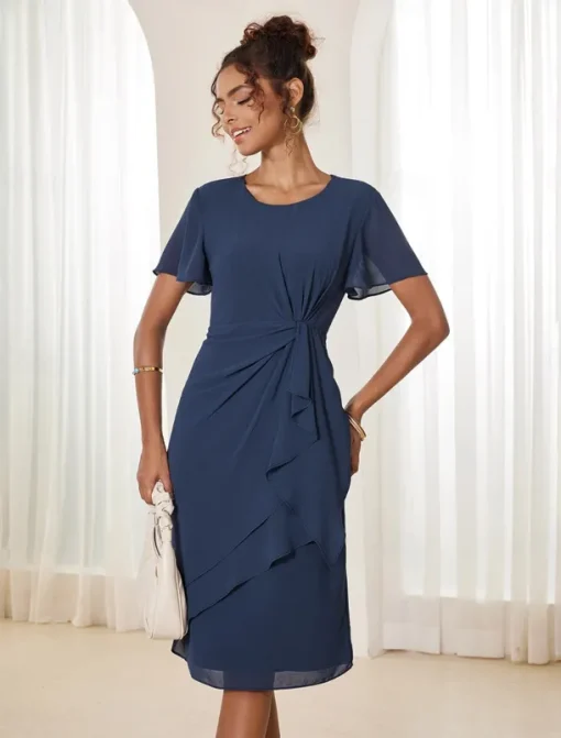 Women's Wedding Guest Cocktail Dress Chiffon Twisted Knot Elegant Formal Layered Midi Dress Crew Neck Short Sleeve Butterfly Sleeve Dark Blue Color