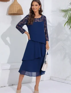 Women's Wedding Guest Cocktail Dress Lace Ruffle Elegant Vacation Spring Winter Midi Dress Crew Neck Long Sleeve Navy Blue