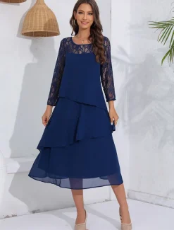 Women's Wedding Guest Cocktail Dress Lace Ruffle Elegant Vacation Spring Winter Midi Dress Crew Neck Long Sleeve Navy Blue