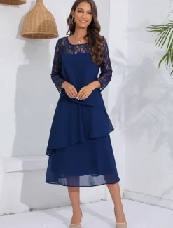 Women's Wedding Guest Cocktail Dress Lace Ruffle Elegant Vacation Spring Winter Midi Dress Crew Neck Long Sleeve Navy Blue