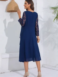Women's Wedding Guest Cocktail Dress Lace Ruffle Elegant Vacation Spring Winter Midi Dress Crew Neck Long Sleeve Navy Blue
