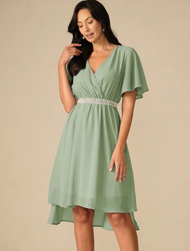 Women's Wedding Guest Cocktail Dress Bridesmaid Chiffon Split Thigh Elegant Midi Dress V Neck Short Flounce Sleeve Pink Blue Green Color