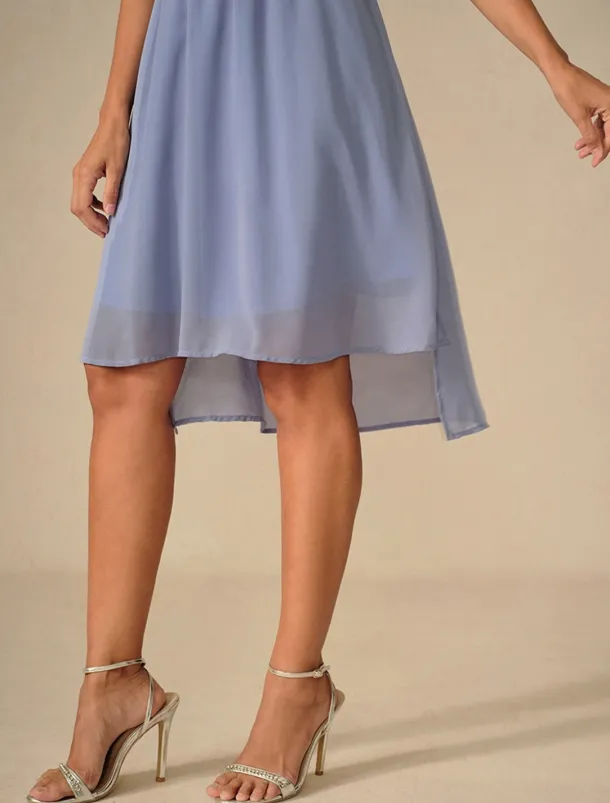 Women's Wedding Guest Cocktail Dress Bridesmaid Chiffon Split Thigh Elegant Midi Dress V Neck Short Flounce Sleeve Pink Blue Green Color