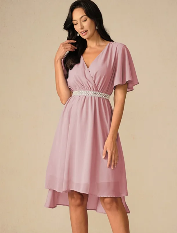 Women's Wedding Guest Cocktail Dress Bridesmaid Chiffon Split Thigh Elegant Midi Dress V Neck Short Flounce Sleeve Pink Blue Green Color