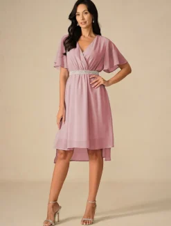 Women's Wedding Guest Cocktail Dress Bridesmaid Chiffon Split Thigh Elegant Midi Dress V Neck Short Flounce Sleeve Pink Blue Green Color