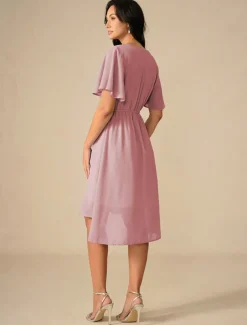 Women's Wedding Guest Cocktail Dress Bridesmaid Chiffon Split Thigh Elegant Midi Dress V Neck Short Flounce Sleeve Pink Blue Green Color