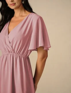 Women's Wedding Guest Cocktail Dress Bridesmaid Chiffon Split Thigh Elegant Midi Dress V Neck Short Flounce Sleeve Pink Blue Green Color