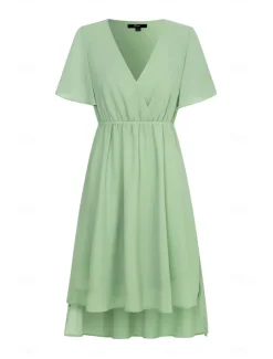 Women's Wedding Guest Cocktail Dress Bridesmaid Chiffon Split Thigh Elegant Midi Dress V Neck Short Flounce Sleeve Pink Blue Green Color