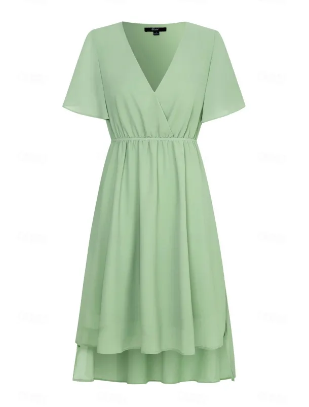Women's Wedding Guest Cocktail Dress Bridesmaid Chiffon Split Thigh Elegant Midi Dress V Neck Short Flounce Sleeve Pink Blue Green Color