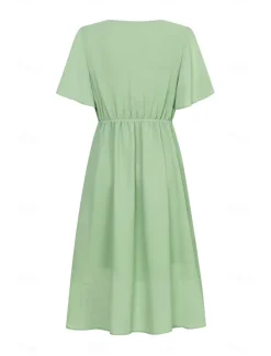 Women's Wedding Guest Cocktail Dress Bridesmaid Chiffon Split Thigh Elegant Midi Dress V Neck Short Flounce Sleeve Pink Blue Green Color