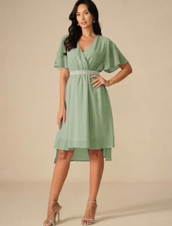 Women's Wedding Guest Cocktail Dress Bridesmaid Chiffon Split Thigh Elegant Midi Dress V Neck Short Flounce Sleeve Pink Blue Green Color