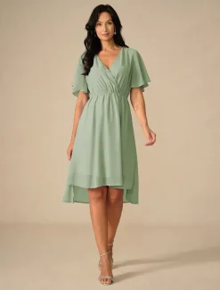 Women's Wedding Guest Cocktail Dress Bridesmaid Chiffon Split Thigh Elegant Midi Dress V Neck Short Flounce Sleeve Pink Blue Green Color