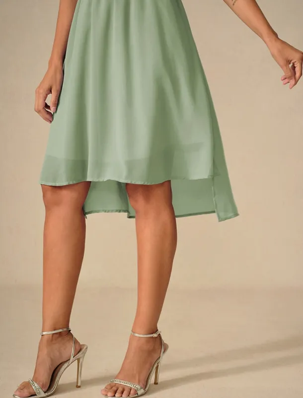 Women's Wedding Guest Cocktail Dress Bridesmaid Chiffon Split Thigh Elegant Midi Dress V Neck Short Flounce Sleeve Pink Blue Green Color