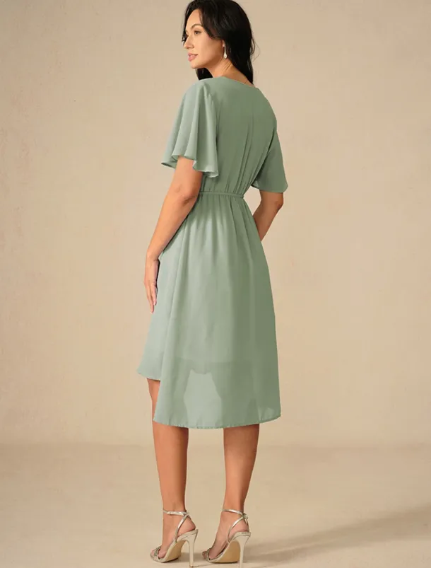 Women's Wedding Guest Cocktail Dress Bridesmaid Chiffon Split Thigh Elegant Midi Dress V Neck Short Flounce Sleeve Pink Blue Green Color