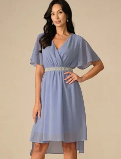 Women's Wedding Guest Cocktail Dress Bridesmaid Chiffon Split Thigh Elegant Midi Dress V Neck Short Flounce Sleeve Pink Blue Green Color